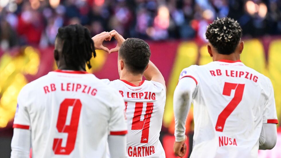 Christoph Baumgartner (RB Leipzig, M) jubelt nach seinem Treffer zum 1:0.  Christoph Baumgartner (RB Leipzig, M) jubelt nach seinem Treffer zum 1:0.