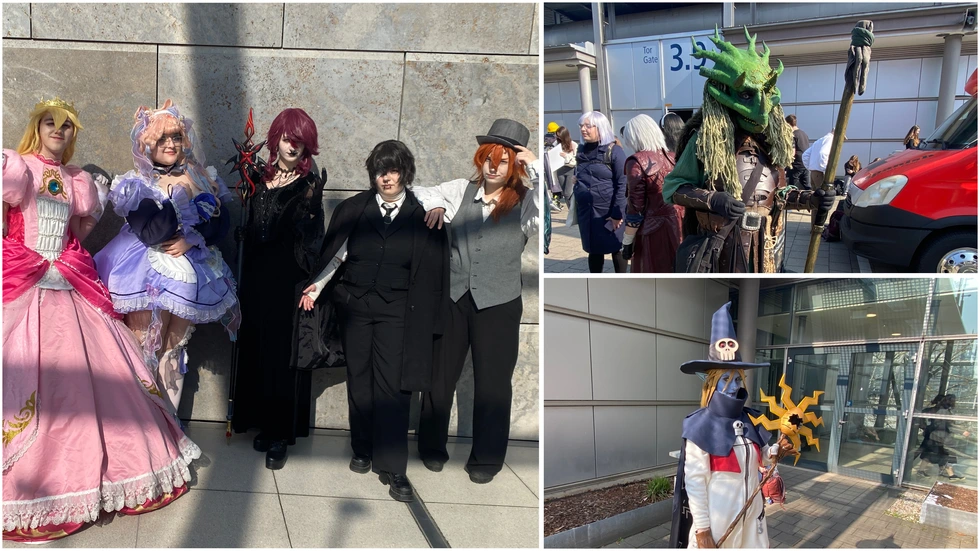 Eine bunte Cosplay-Gruppe auf der Manga-Comic-Con v.l.n.r.: Ica als Prinzessin Peach, Dana als Maid Kokomi, Jibril als Rosaria, Rain als Dazai und Milo als Chuuya (linkes Bild). Bild rechts oben: Daniel als Triceratops. Bild rechts unten: Diana als Wizardmon. Eine bunte Cosplay-Gruppe auf der Manga-Comic-Con v.l.n.r.: Ica als Prinzessin Peach, Dana als Maid Kokomi, Jibril als Rosaria, Rain als Dazai und Milo als Chuuya (linkes Bild). Bild rechts oben: Daniel als Triceratops. Bild rechts unten: Diana als Wizardmon.