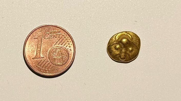 Die gefundene keltische Goldmünze ist mit 10,4 Millimetern im Durchmesser deutlich kleiner als ein europäisches 1-Cent-Stück
