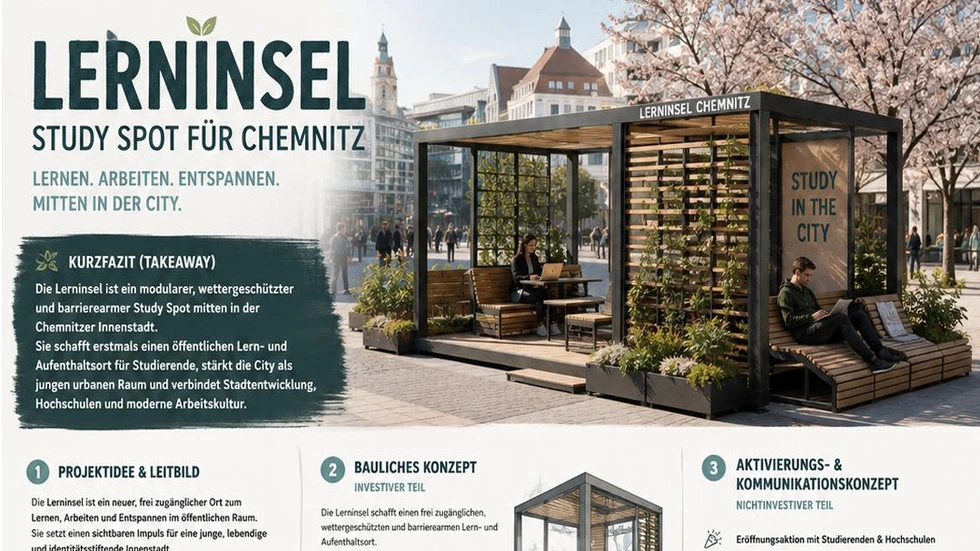 Chemnitz beteiligt sich mit zwei Projekten am diesjährigen Wettbewerb „Ab in die Mitte“ in Sachsen.
In der Innenstadt ist eine begrünte Lerninsel für Studenten geplant – mit WLAN und modernen Sitzgelegenheiten.
Chemnitz beteiligt sich mit zwei Projekten am diesjährigen Wettbewerb „Ab in die Mitte“ in Sachsen. In der Innenstadt ist eine begrünte Lerninsel für Studenten geplant – mit WLAN und modernen Sitzgelegenheiten.
