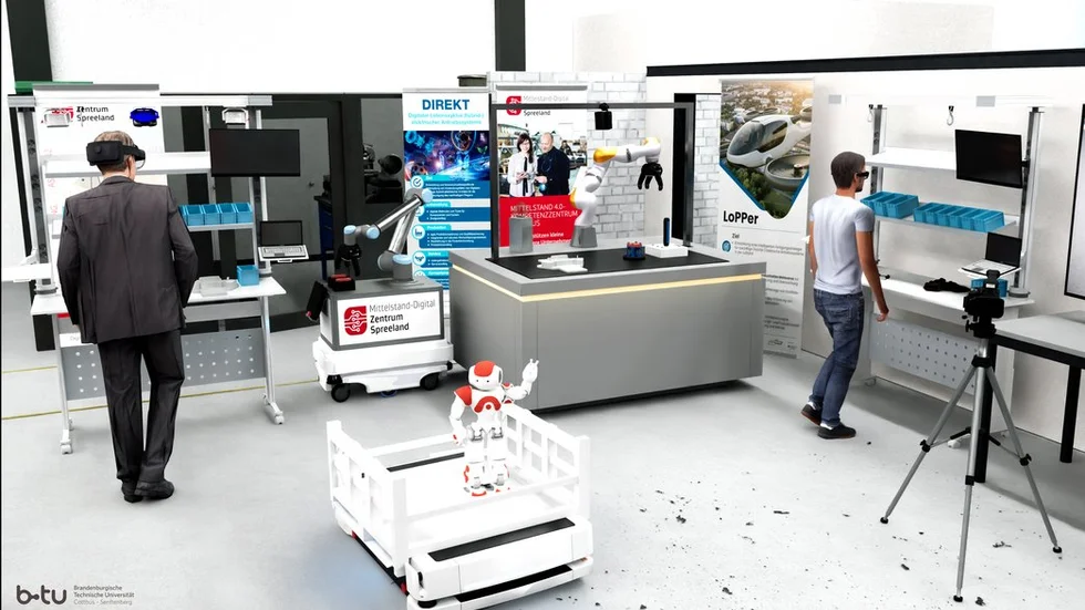 Die virtuelle Nachbildung der Hallenfabrik am Fachgebiet KI-gestützte Automatisierungstechnik von Prof. Berger. In der realen Hallenfabrik in Cottbus soll das Konzept als Nächstes erprobt werden. Die virtuelle Nachbildung der Hallenfabrik am Fachgebiet KI-gestützte Automatisierungstechnik von Prof. Berger. In der realen Hallenfabrik in Cottbus soll das Konzept als Nächstes erprobt werden.