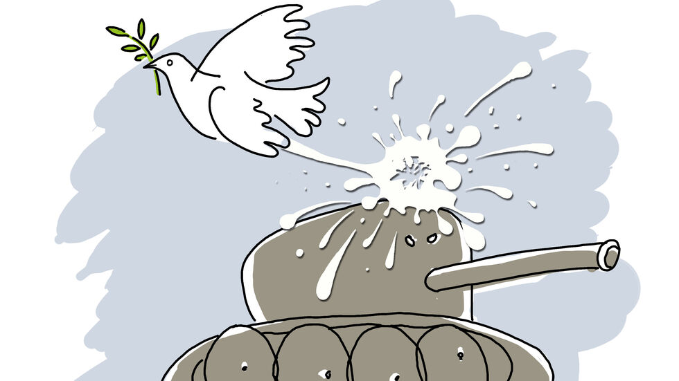 Ulrike Wodners preisgekrönte Karikatur stellt eine Taube dar, die auf einen Panzer kackt.