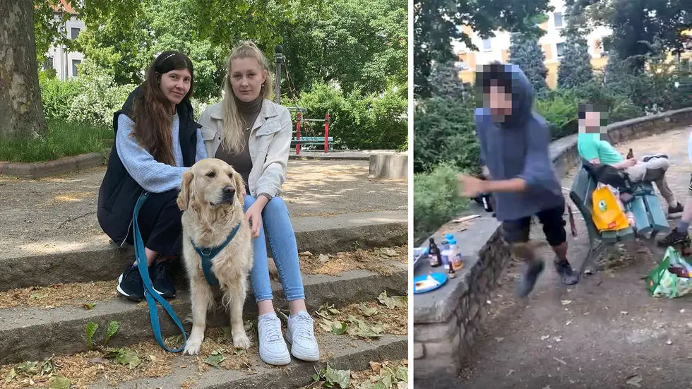 Der junge Mann (24, re.) griff die beiden jungen Mamas (li.) auf dem Spielplatz am Gießerplatz in Leipzig an, weil sie abends darum gebeten hatten, die Musik etwas leiser zu machen, damit ihre Kinder schlafen können. Das Foto rechts stammt aus dem Video, in dem sie die Ruhestörer filmten - urplötzlich rannte der eine Mann auf sie zu und prügelte auf sie ein. Der junge Mann (24, re.) griff die beiden jungen Mamas (li.) auf dem Spielplatz am Gießerplatz in Leipzig an, weil sie abends darum gebeten hatten, die Musik etwas leiser zu machen, damit ihre Kinder schlafen können. Das Foto rechts stammt aus dem Video, in dem sie die Ruhestörer filmten - urplötzlich rannte der eine Mann auf sie zu und prügelte auf sie ein.