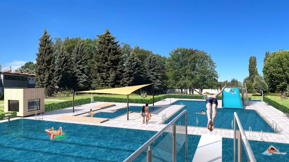 Eine Visualisierung des sanierten Stadtbades. Eine Visualisierung des sanierten Stadtbades.