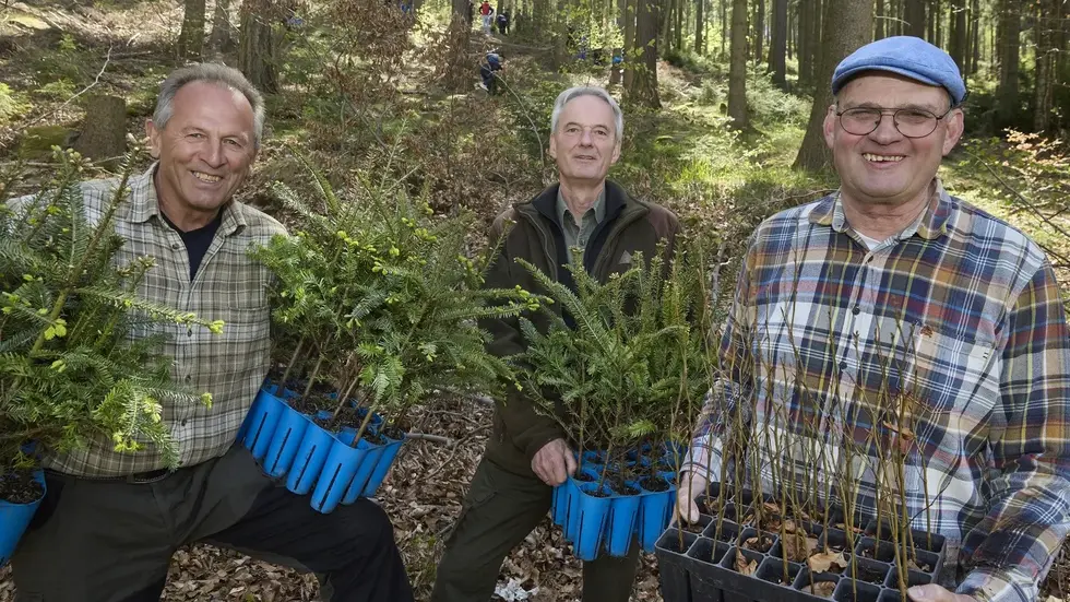 Karl Schwald, Initiator der Aktion, Förster Torsten Winkler und Thomas Westphalen vom Landesverein Sächsischer Heimatschutz (v.l.)