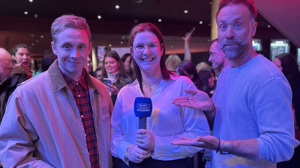 Radio Leipzig Reporterin Clarissa Kunath im Gespräch mit Schauspieler Matthias Schweighöfer und Regisseur Erik Schmitt.