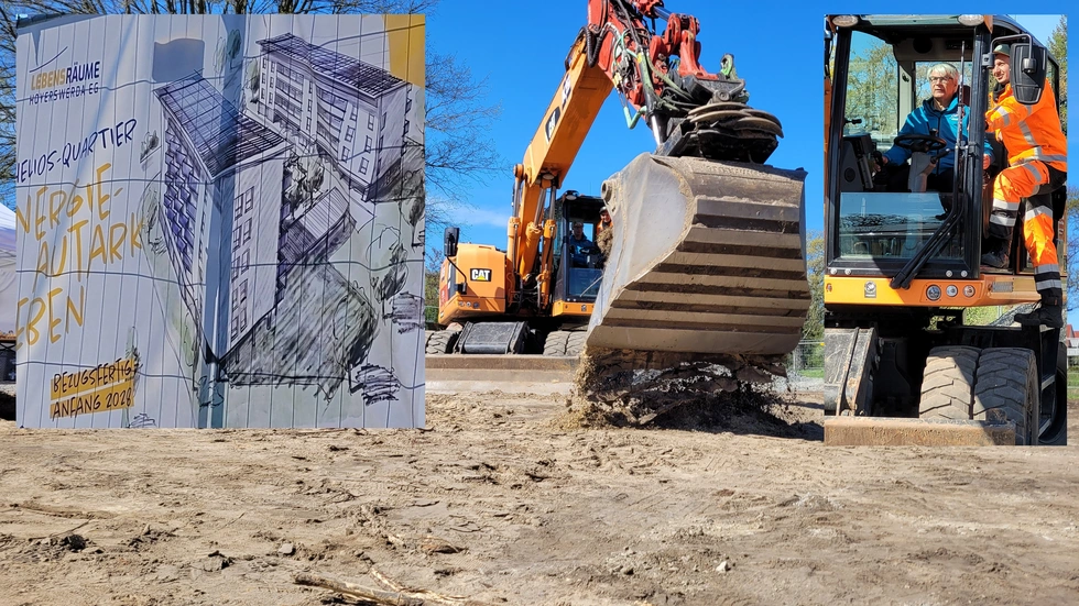 Erster Baggeraushub für das "Helios-Quartier" der LebensRäume Hoyerswerda Genossenschaft. Am Schalthebel: Vorstand Axel Fietzek.