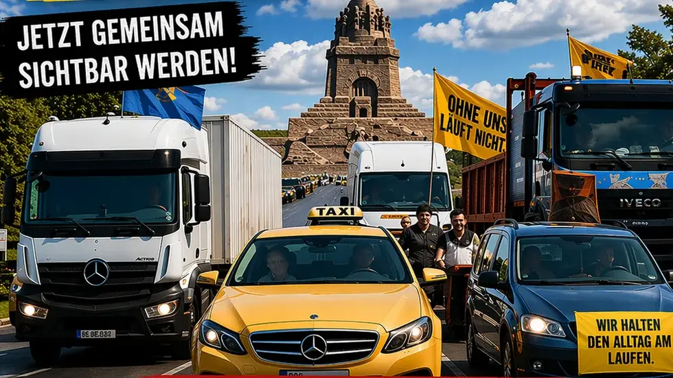 Mit diesem Plakat wirbt der Unternehmer für den Protest-Autokorso durch die Leipziger Innenstadt.