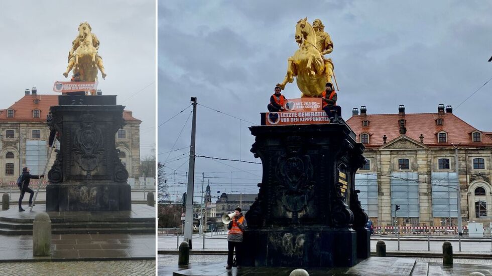 Mit der Leiter geht es hinauf: Klimaaktivisten besetzen den "Goldenen Reiter" in Dresden.