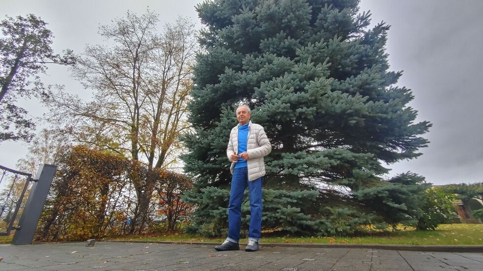 Karl-Heinz Rösler vor der Fichte, die er gern abgeben würde. Kostenlos! Nur für die Fällung und den Transport müsste der Interessent aufkommen.