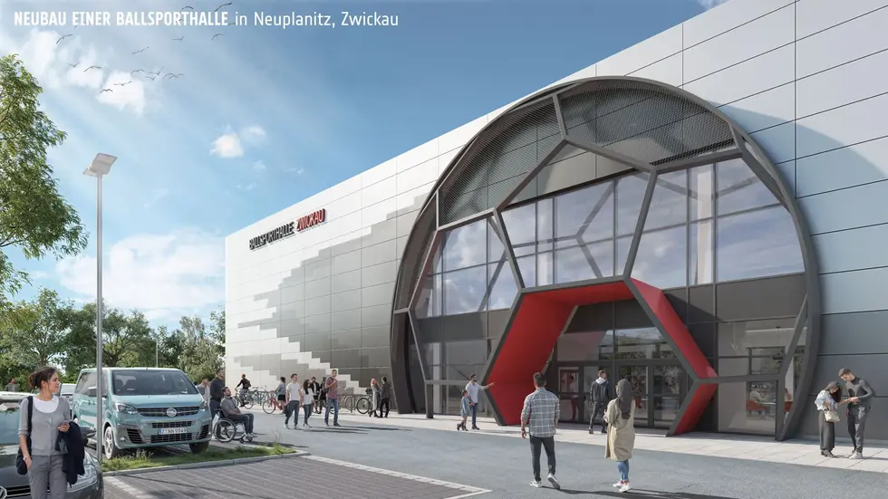 So soll der Eingangsbereich laut Plan des mit dem Bau beauftragten Unternehmens Goldbeck einmal aussehen. So soll der Eingangsbereich laut Plan des mit dem Bau beauftragten Unternehmens Goldbeck einmal aussehen.